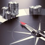Compass over black background with needle pointing the biggest pile of money, Concept of making profits and good investment advice or wealth management. 3D illustration.
